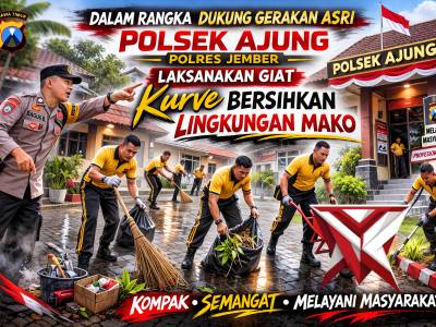 Dukung Gerakan Asri, Polsek Ajung Laksanakan Kurve Bersihkan Lingkungan Mako