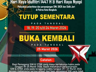 Sehubungan dengan hari Libur Nasional, Hari Raya Idhulfitri 1447 Hijriah dan Hari Raya Nyepi pelayan