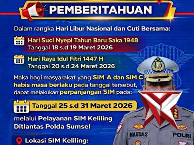 Jadwal pelayanan SIM keliling Ditlantas Polda Sumsel Dalam Rangka Libur Nasional