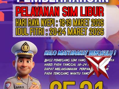 halo masyarakat Bengkulu !
Bagi pemegang Sim yang masa berlakunya habis pada tanggal 18-24 Maret 202
