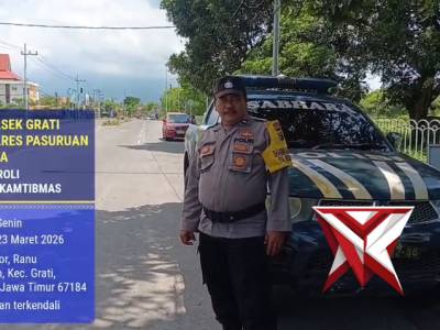 ANGGOTA POLSEK GRATI MELAKSANAKAN PATROLI ANTISIPASI 3C DI EXIT TOL GRATI.