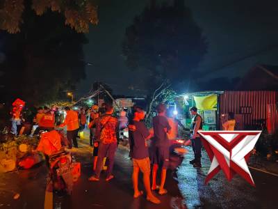 Polsek kutorejo bersama BPBD koramil dan warga evakuasi pohon tumbang di jalan raya simbaringin