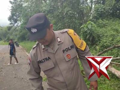 Polsek Muara Beliti Membersihkan Pohon tumbang di jalan bersama masyarakat