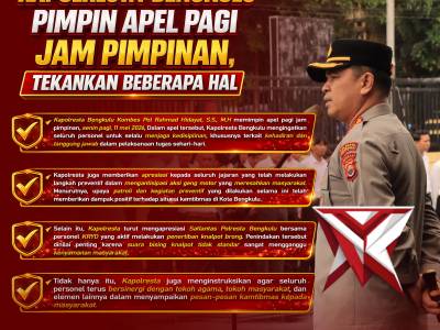 Kapolresta Bengkulu Kombes Pol Rahmad Hidayat, S.S., M.H memimpin apel pagi jam pimpinan, senin pagi